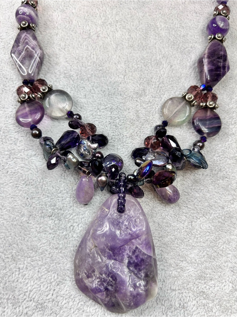 Amethyst, Flourite, Genuine Pearl, Crystal purple Statement Necklace - Brand